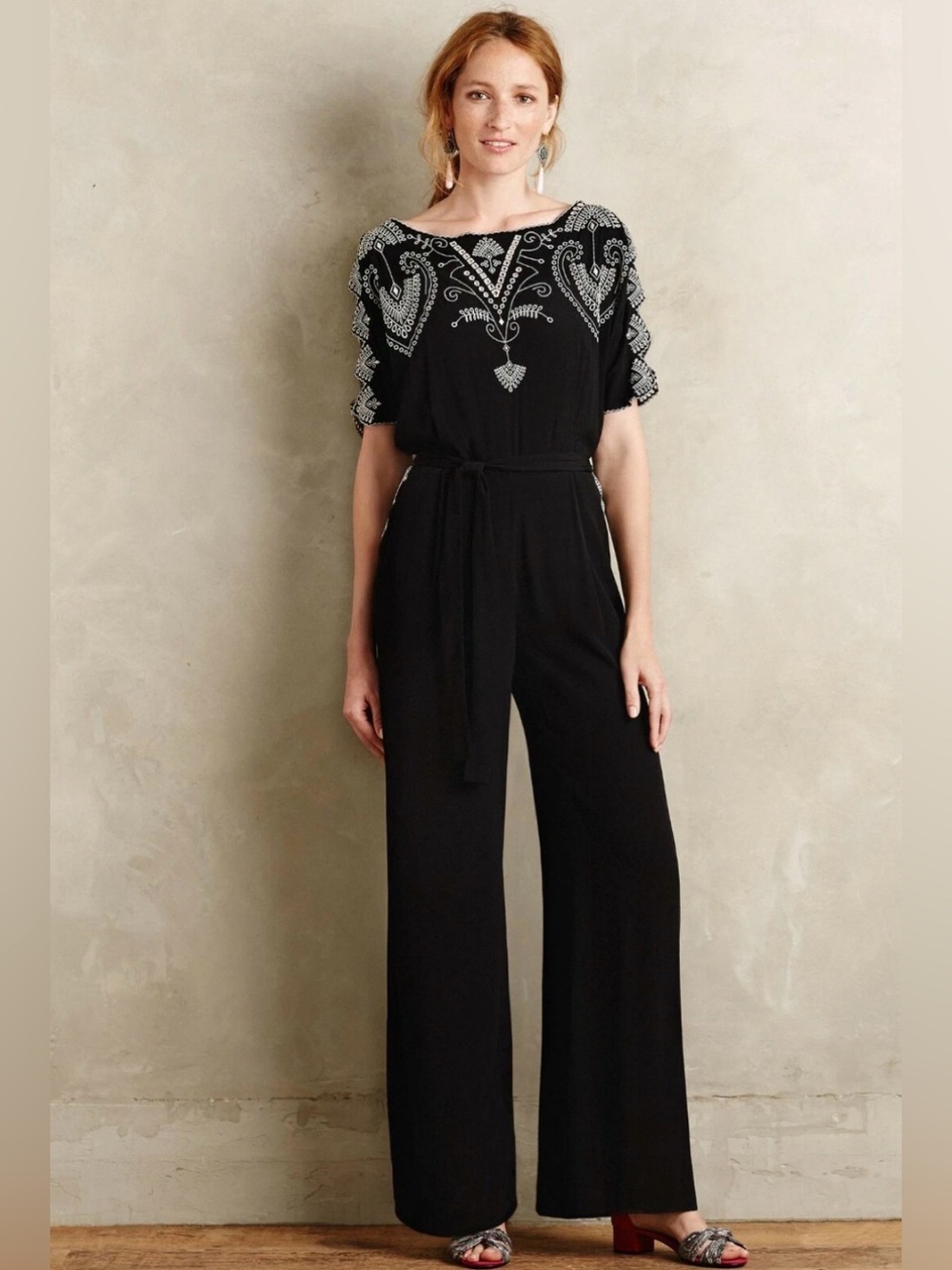 Anthropologie Elevenses Acacia Black Embroidered Rayon Straight Leg Jumpsuit 14